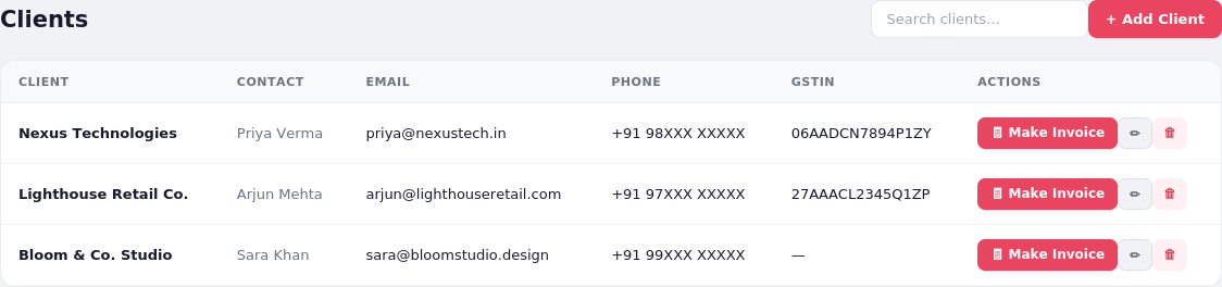 Client directory showing saved clients with a Make Invoice button