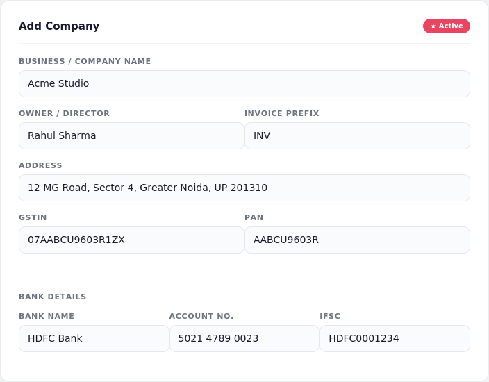 Setting up a company profile with name, GST number, and bank details
